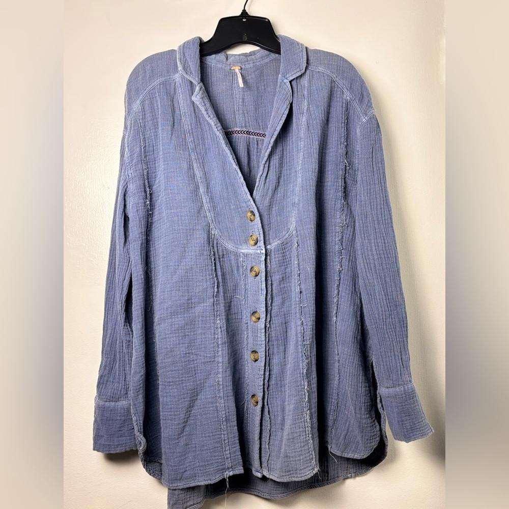 Free People Textured Blue Button-Down Shirt